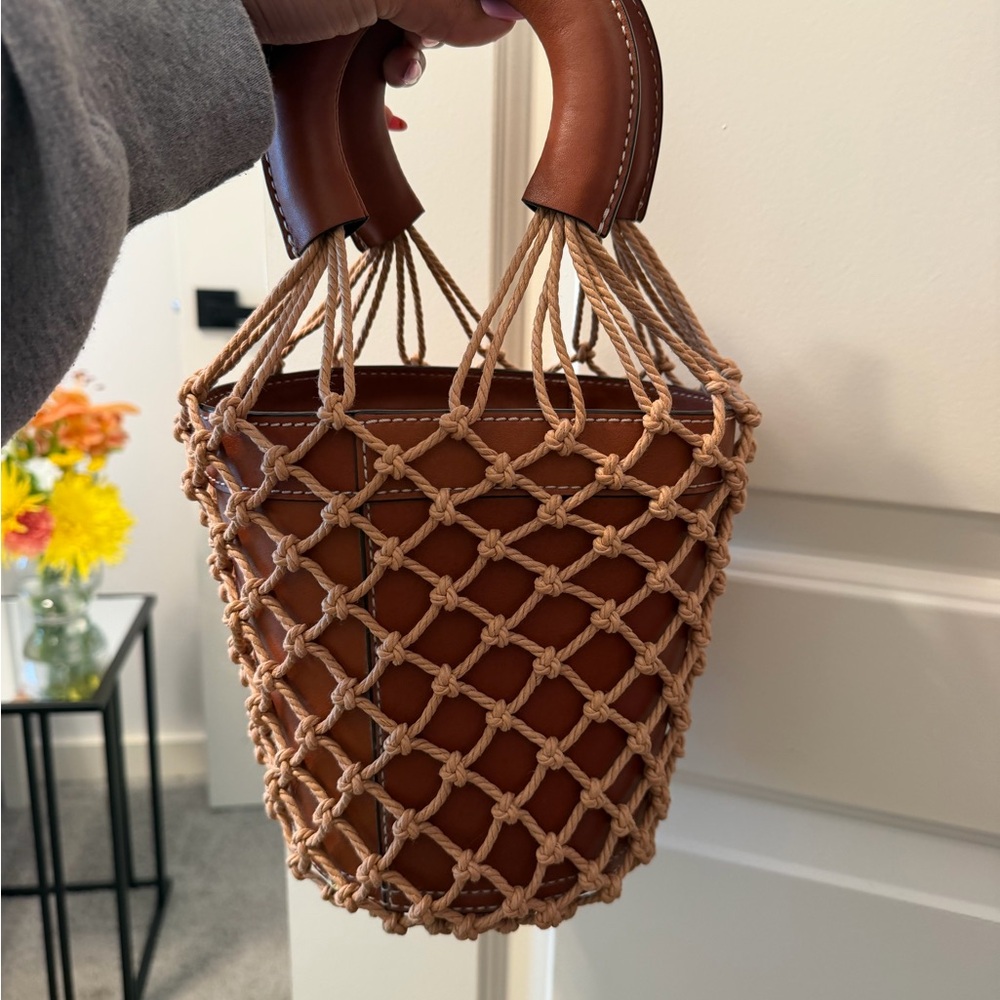 STAUD Brown Leather Bucket Bag with Tan Macramé Netting